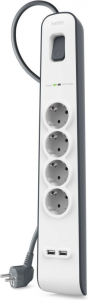 Belkin Listwa zasilająca przeciwprzepięciowa 525J, 4 gniazda Schuko, 2x USB-A, 2m