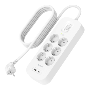 Belkin Listwa zasilająca przeciwprzepięciowa 650J, 6 gniazd Schuko, USB-A, USB-C PD, 2m