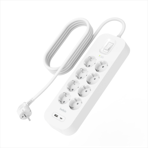 Belkin Listwa zasilająca przeciwprzepięciowa 900J, 8 gniazd Schuko, USB-A, USB-C PD, 2m