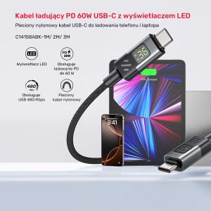 Unitek Przewód USB-C PD 60W 480Mbps z wyświetlaczem 1m z oplotem czarny