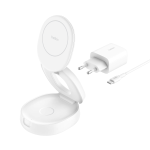 Belkin Ładowarka magnetyczna 2w1, składana, Qi2 15W, zasilacz 30W, biała