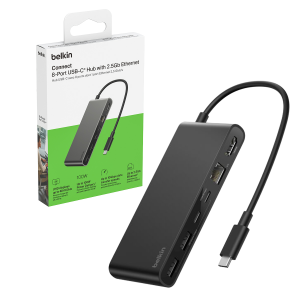 Belkin Hub USB-C 10 Gbps, 2 x USB-A, PD 100W, HDMI 2.0, RJ45 2,5 Gbps, SD 3.0, szary