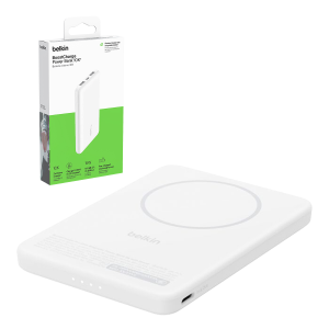 Belkin BoostCharge Powerbank 5000 mAh, Qi2 15W, z podstawką, biały